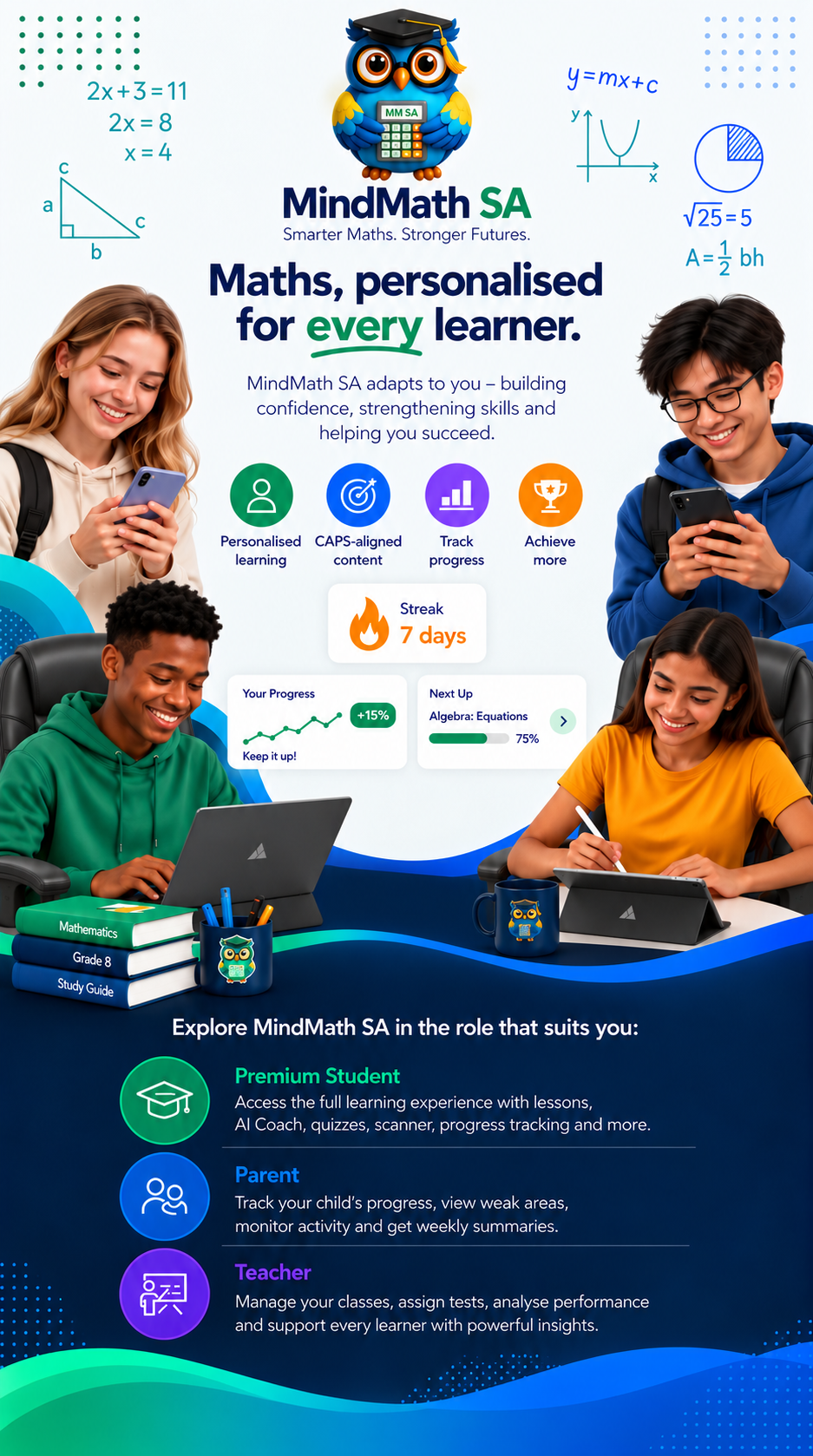 MindMath SA mobile hero showing learners, maths visuals and progress cards