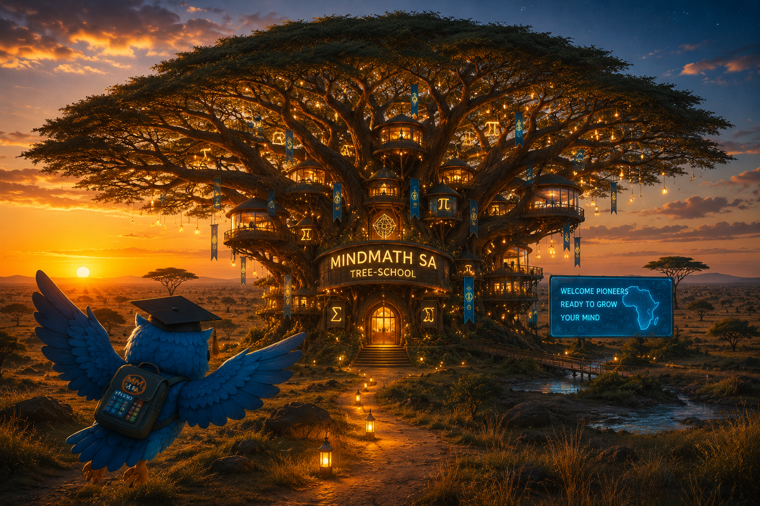 MindMath SA Tree School at sunset with Themba owl welcoming pioneers
